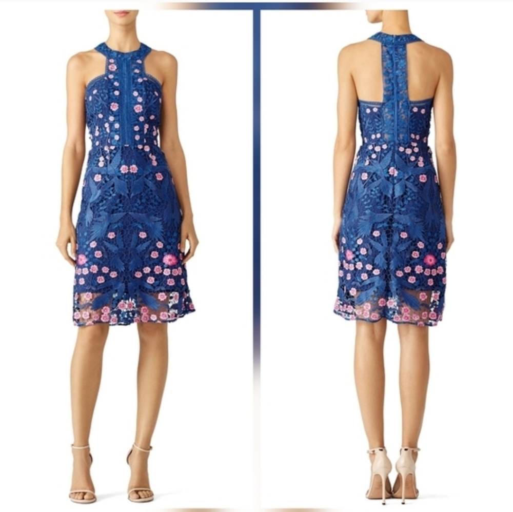 Blue Floral Lace Halter Cocktail Dress